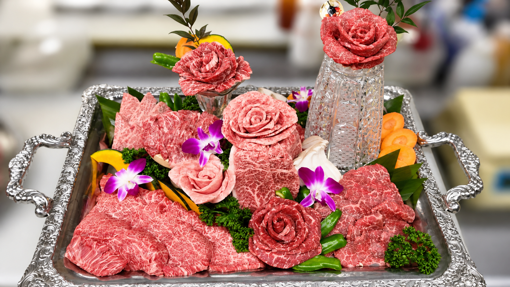 豊南焼肉の特注盛り合わせ。肉のバラと蘭を添えた銀盆の和牛盛り合わせ